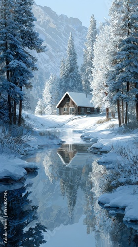 Snow-covered cabin reflects in serene stream surrounded by tall pine trees in peaceful winter landscape