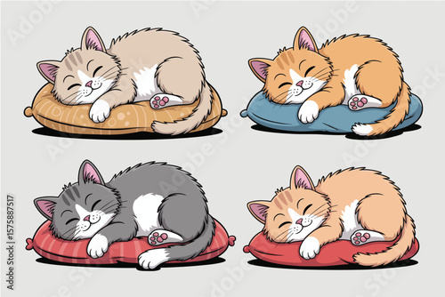 Four adorable kittens peacefully sleeping on soft pillows in a colorful cartoon illustration style for children.