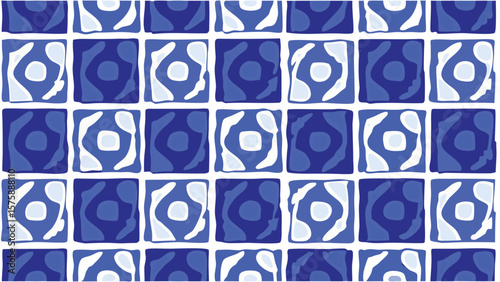 A repeating pattern of blue and white squares with abstract designs filling the entire frame view here
