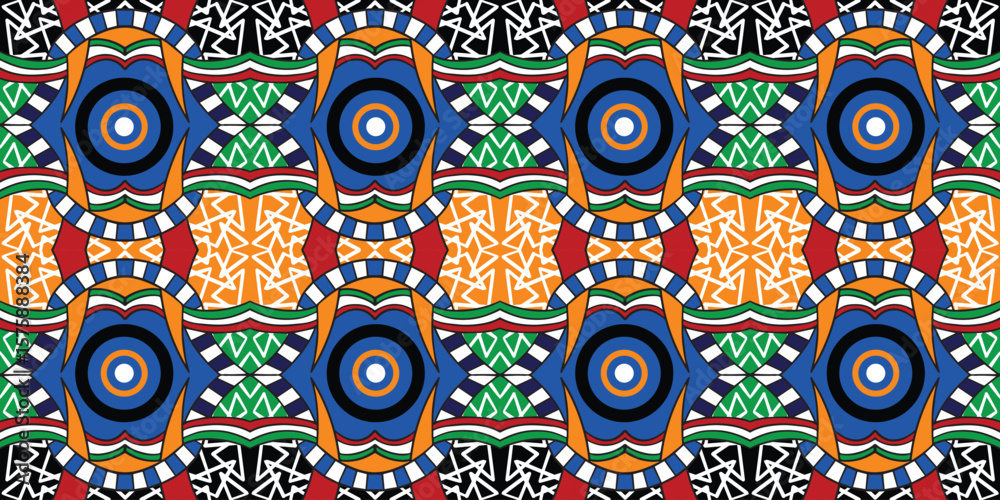 Fototapeta premium Vibrant seamless African tribal pattern. Bold geometric shapes, concentric circles, and zig-zags in striking blue, orange, green, red, black, white. Ideal for ethnic textiles, fashion, wallpaper, and 