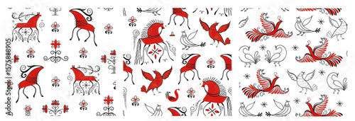 Traditional Slavic Mezen white pattern. Russian folk black red animal folklore motif. Ethnic three art wallpaper set.