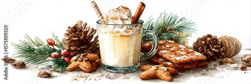 Warm winter drink with cinnamon, cookies, and pine decorations at a cozy holiday gathering
