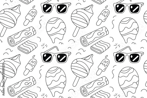 Seamless summer pattern displaying fun elements such as sunglasses, towels, ice cream and water balloon perfect for backgrounds.