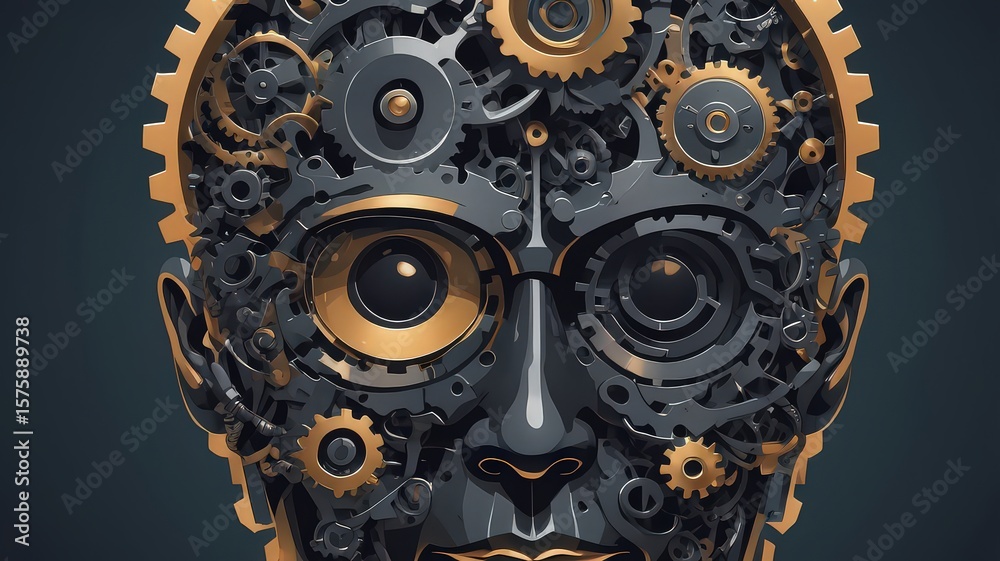 custom made wallpaper toronto digitalMechanical face constructed of gears and cogs in gold and gray against a dark background
