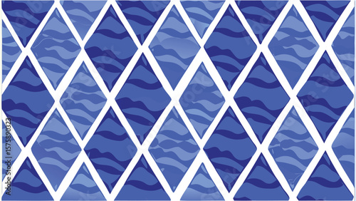Abstract blue diamond pattern with wavy lines and white borders in a seamless arrangement design