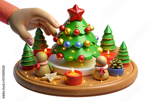 Festive Christmas scene with hand decorating a miniature tree isolated on a transparent background