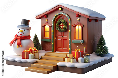 Festive Christmas scene with snowman house gifts and snow isolated on a transparent background