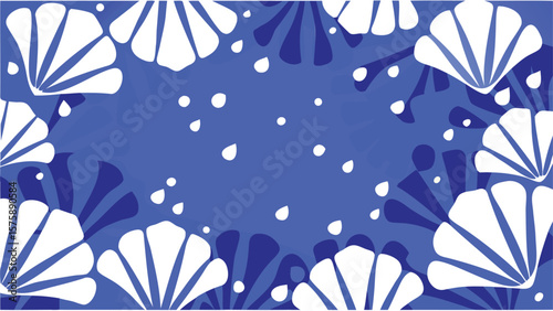 Blue background with white floral fans and dark blue accents and scattered white droplets design