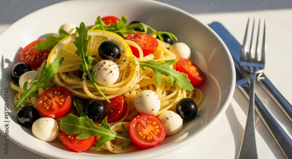 Fresh spaghetti pasta salad with cherry tomatoes, black olives, mozzarella balls, arugula, and lemon slices, garnished with cracked black pepper in natural sunlight Fresh spaghetti pasta salad with cherry tomatoes, black olives, mozzarella balls, arugula, and lemon slices, garnished with cracked black pepper in natural sunlight