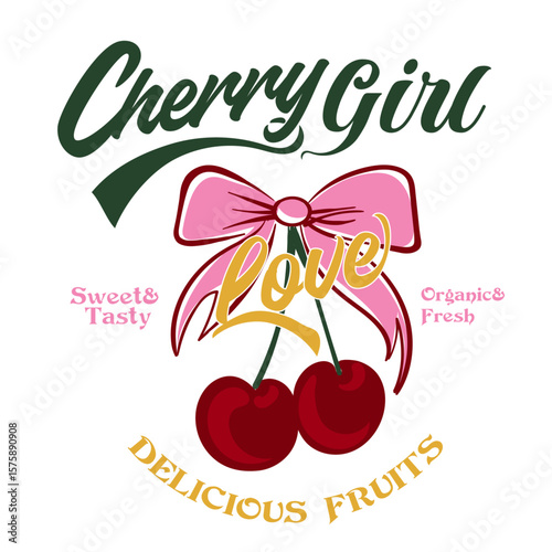 Cherry  vector illustration, Hand Drawn Cherry design, hand writing text print design, food fashion vector. Fruit print graphics.  women's food fashion graphic tee, Cherry girl love t-shirt design,