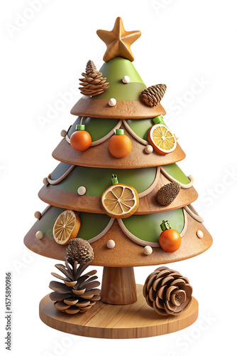 Festive Christmas Tree with Oranges Pinecones and Star Ornament isolated on a transparent background