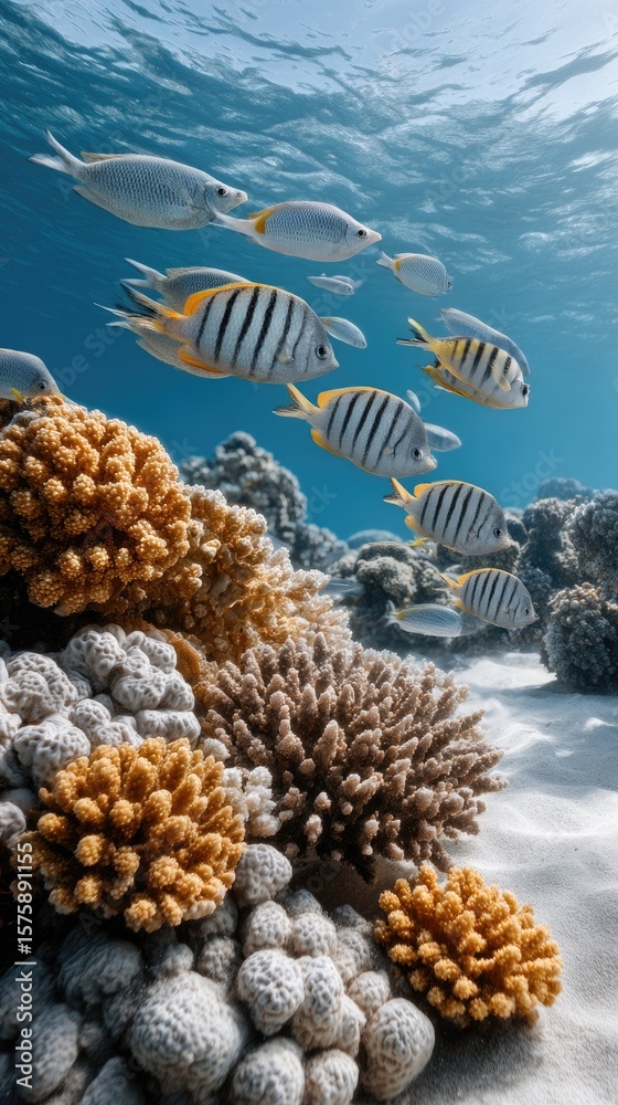 Fototapeta premium Colorful fish swim gracefully in clear water around a vibrant coral reef, showcasing the beauty of underwater life