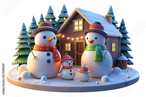 Festive Snowman Family with House and Christmas Trees isolated on a transparent background