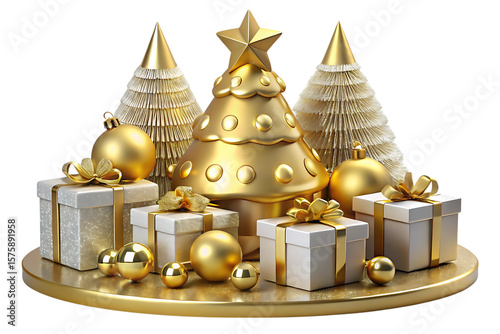 Gold Christmas tree gifts ornaments on a golden platform isolated on a transparent background