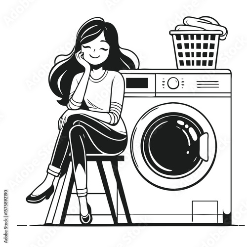 Woman sitting next to a washing machine