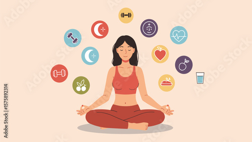 Woman Meditating with Holistic Wellness Icons