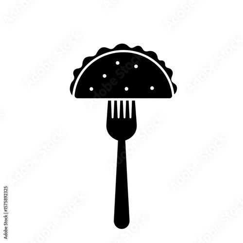 Taco held by a fork on a plain white background silhouette