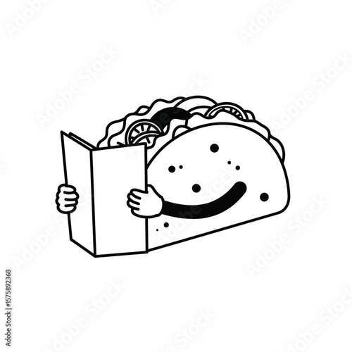 Taco character reading a book in black and white silhouette