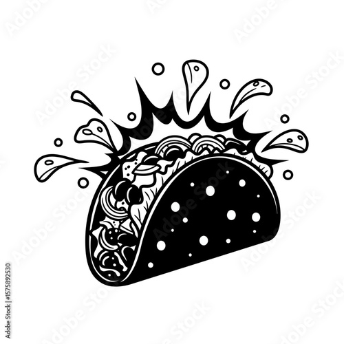 Illustration of a delicious taco with splash effect silhouette