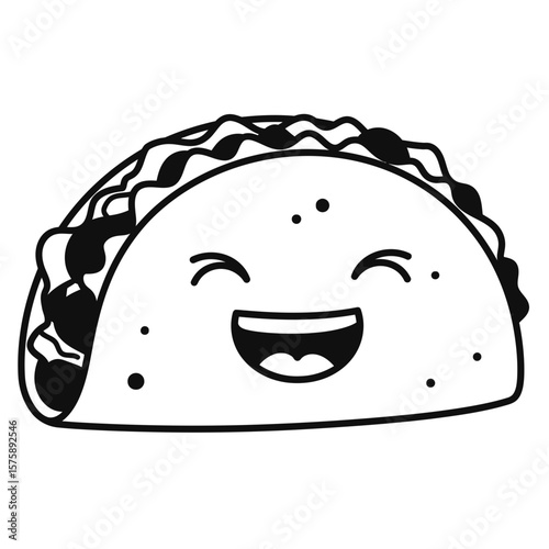 Cartoon taco with a happy face in black and white silhouette