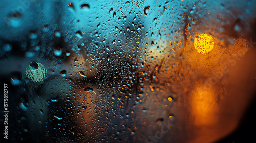 Raindrops on Glass Abstract Urban Night with Blurry Lights and Teal Accents