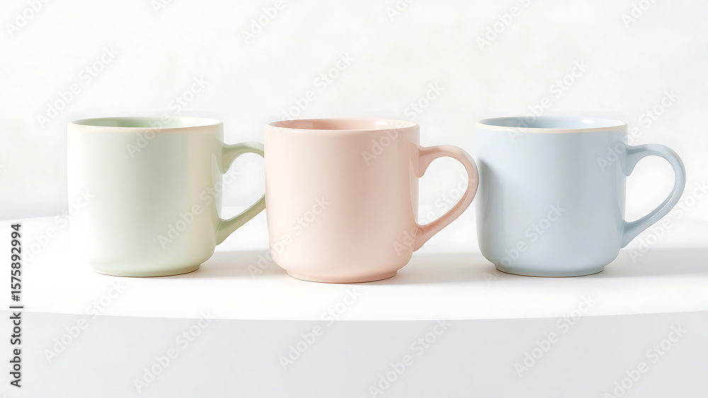 Obraz premium A minimalist arrangement of three pastel colored mugs on a white shelf against a white wall