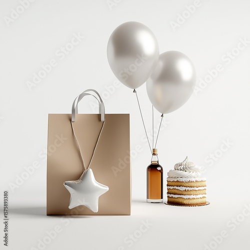 Birthday Celebration Gift Bag, Balloons, Cake, and Star Pendant made with generative AI