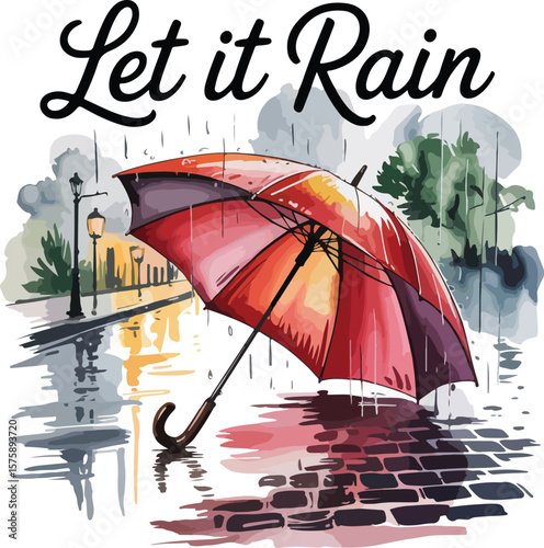 Vintage cartoon illustration of a woman under an umbrella in the rain, a retro summer t-shirt design perfect for a fun travel poster or card