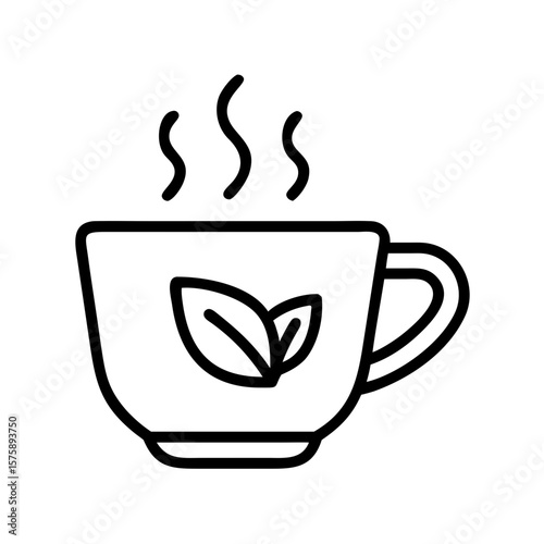 Outline icon of hot tea mug with steaming beverage and herb leaf design
