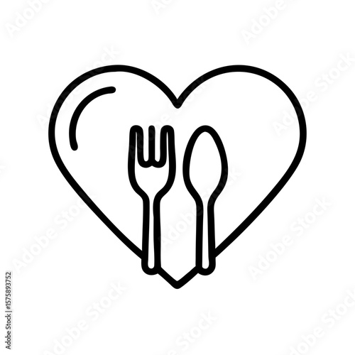 Heart Shape with Fork and Spoon Outline Icon for Food Love
