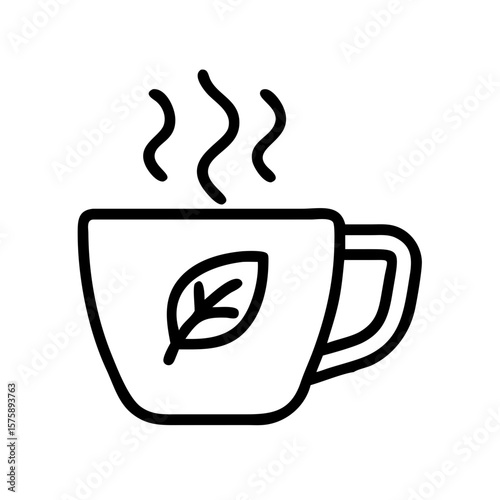 Hot Tea Mug with Steaming Herb Leaf Outline Icon
