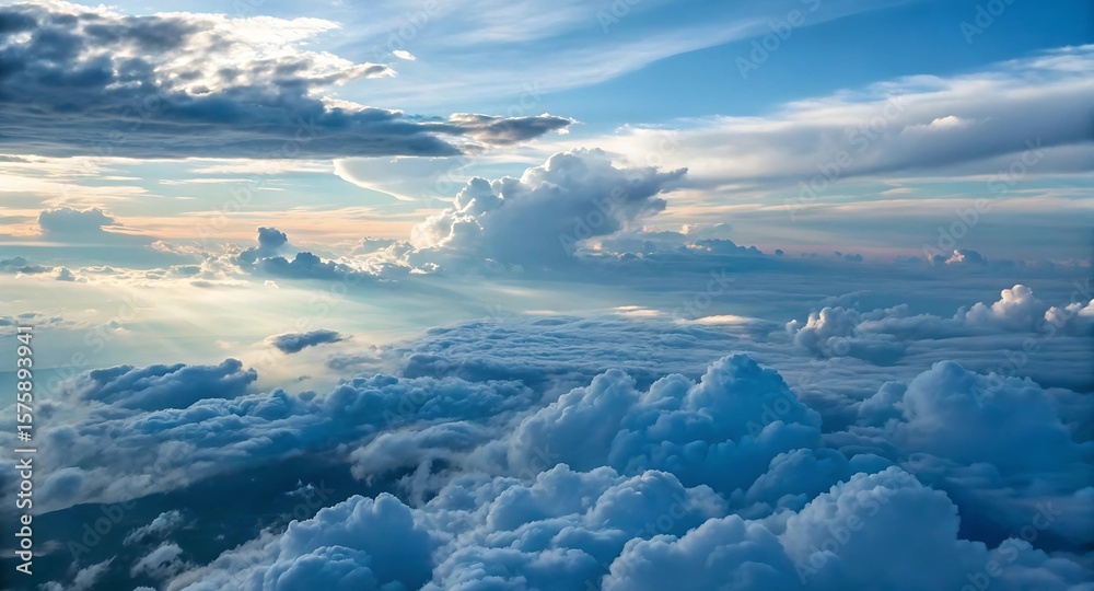 Fototapeta premium Aerial view showcases a stunning cloudscape with fluffy clouds and a serene blue sky, perfect for backgrounds.