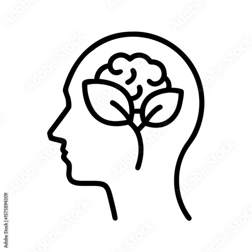 Human Brain with Plant Growing Outline, Concept for Mental Wellness
