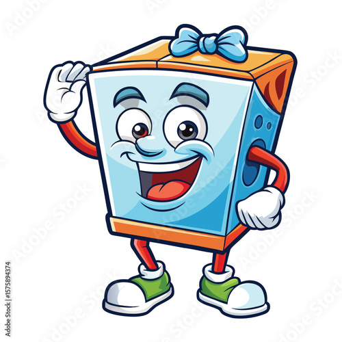 Cartoon gift box character with a happy expression and blue bow
