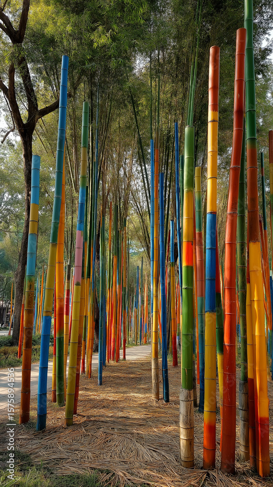 Fototapeta premium Bamboo ancient forest nature green foliage jungle serene.