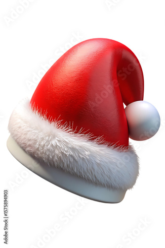 Red Santa Claus hat with white fur trim and pompom on... isolated on a transparent background