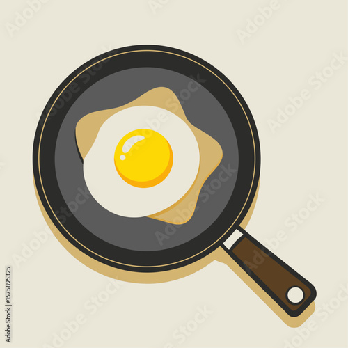 A cartoon of a fried egg on a pan. The egg is yellow and the pan is black