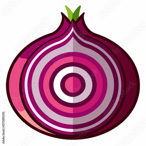 A close up of a purple onion with a stem. The onion is cut in half and the stem is visible. The onion is surrounded by a blue background