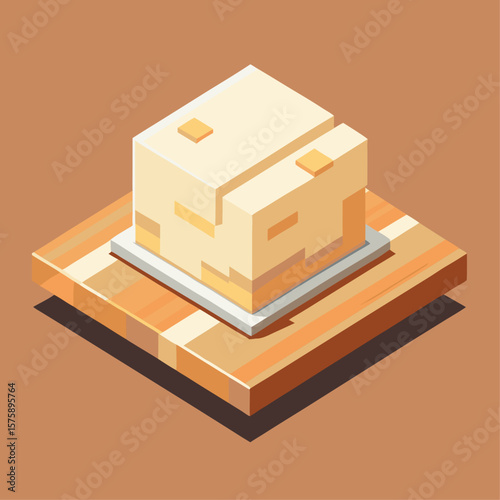 A cube of butter sits on a wooden surface. The butter is yellow and has a slightly crumbly texture. Concept of warmth and comfort