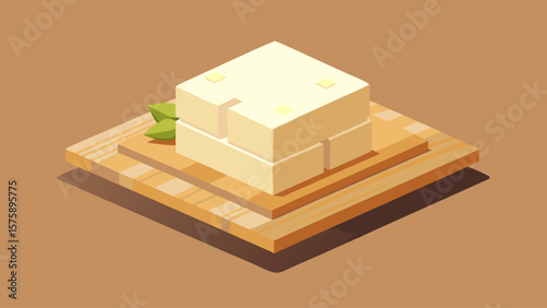 A cube of butter sits on a wooden surface. The butter is yellow and has a slightly crumbly texture. Concept of warmth and comfort