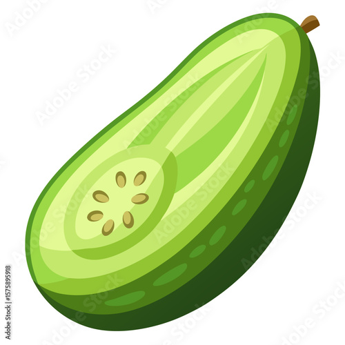 A green cucumber with a hole in the middle. The cucumber is sliced in half and the seeds are visible