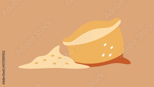 A picture of a pie with a bag of flour next to it. The pie is on the ground and the flour is spilled out of the bag