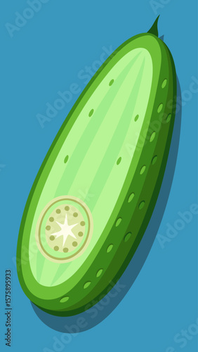 A green cucumber with a hole in the middle. The cucumber is sliced in half and the seeds are visible