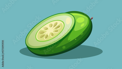 A green cucumber with a hole in the middle. The cucumber is sliced in half and the seeds are visible