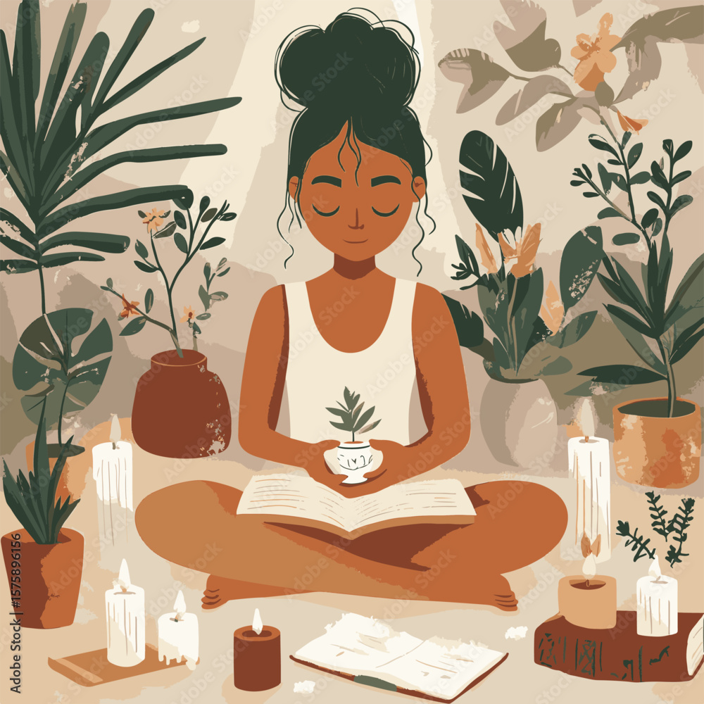 Serene meditation scene of a young woman embraced by plants and candles. Capturing moments of inner peace and spiritual connection, her eyes gently closed in deep contemplation. Serene meditation scene of a young woman embraced by plants and candles. Capturing moments of inner peace and spiritual connection, her eyes gently closed in deep contemplation.