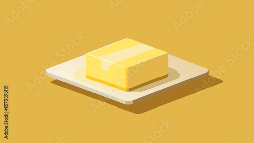 A yellow butter box is placed on a yellow plate. The butter is spread evenly on the plate, creating a visually appealing presentation. The plate is positioned on a yellow background, which adds a warm