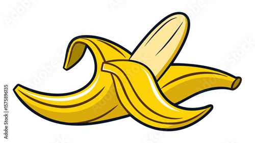 A banana peel is shown with the banana still attached. The peel is yellow and has a slightly curved shape. Concept of freshness and naturalness