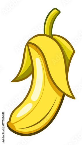 A banana peel is shown with the banana still attached. The peel is yellow and has a slightly curved shape. Concept of freshness and naturalness