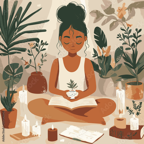 Serene meditation scene of a young woman embraced by plants and candles. Capturing moments of inner peace and spiritual connection, her eyes gently closed in deep contemplation.