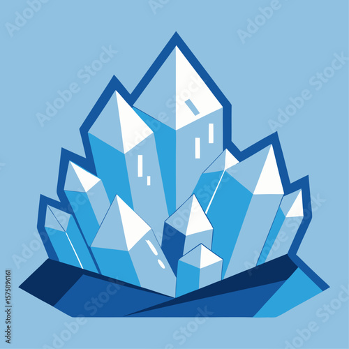 A blue and white image of a mountain with a pile of ice on top. Concept of coldness and isolation, as the ice is piled high and the mountain is surrounded by a blue sky